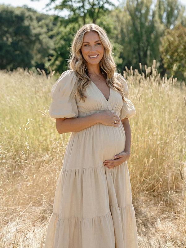 Apricot V-Neck Puff Sleeves Maternity Maxi DressMaternity Maxi Dress