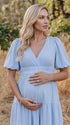Blue v neck maternity maxi dress for baby shower, gender reveal and maternity photoshoot.