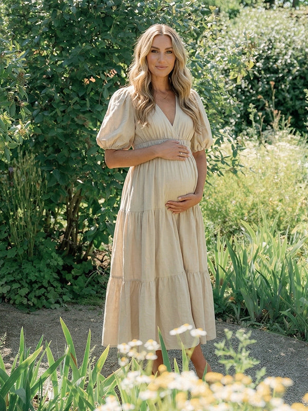 Apricot V-Neck Puff Sleeves Maternity Maxi DressMaternity Maxi Dress