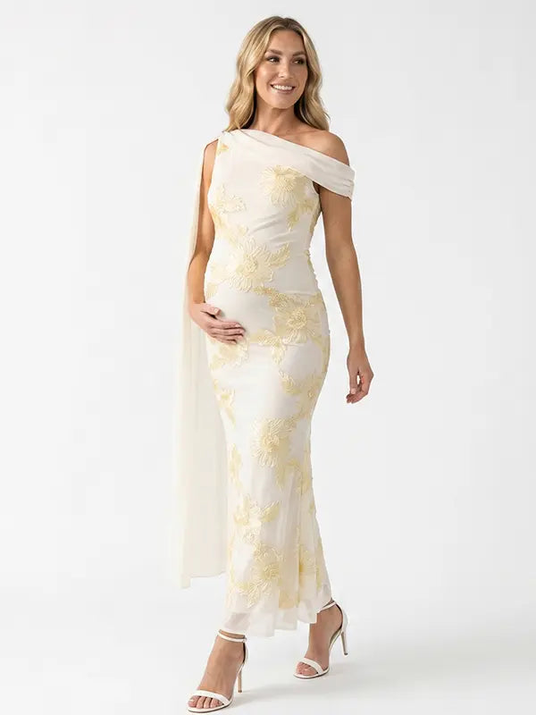 apricot embroidered floral maternity maxi dress with off shoulder mermaid silhouette