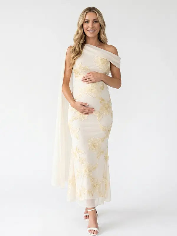 apricot embroidered floral maternity maxi dress with off shoulder mermaid silhouette