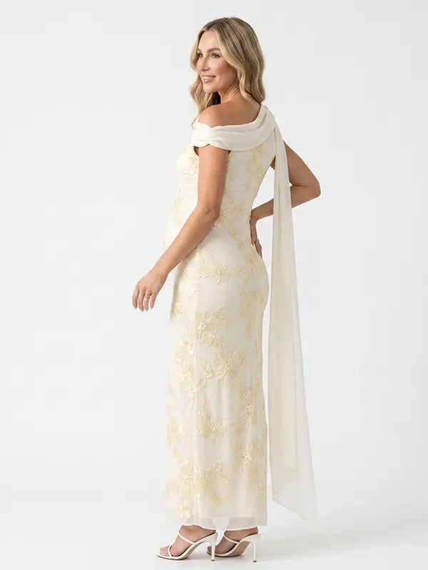 apricot embroidered floral maternity maxi dress with off shoulder mermaid silhouette