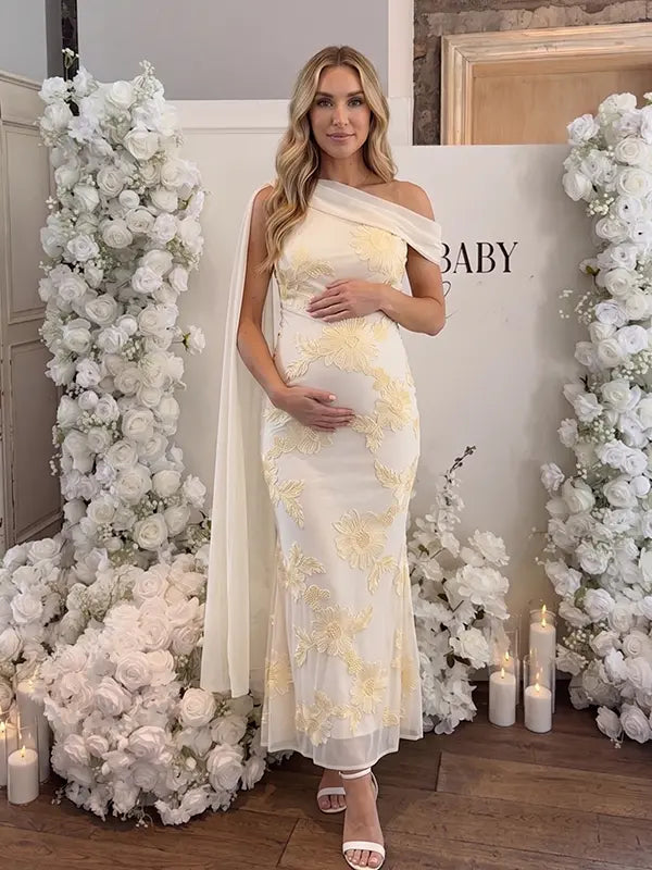 apricot embroidered floral maternity maxi dress with off shoulder mermaid silhouette