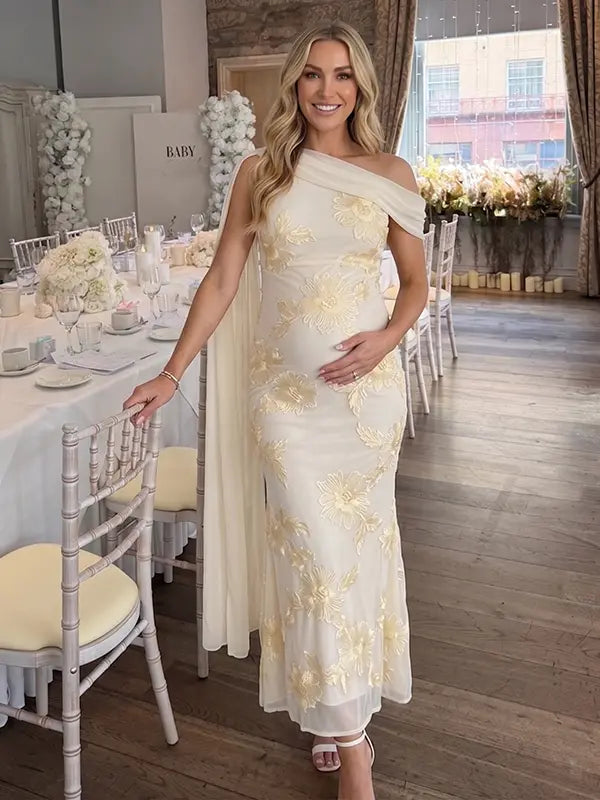 apricot embroidered floral maternity maxi dress with off shoulder mermaid silhouette