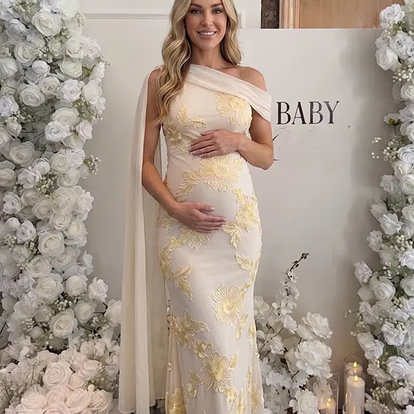 apricot embroidered floral maternity maxi dress with off shoulder mermaid silhouette