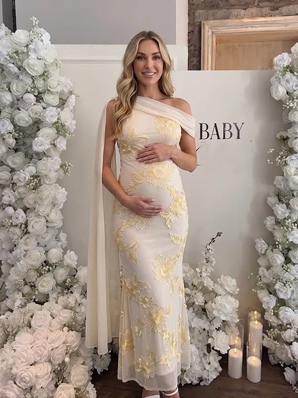 apricot embroidered floral maternity maxi dress with off shoulder mermaid silhouette