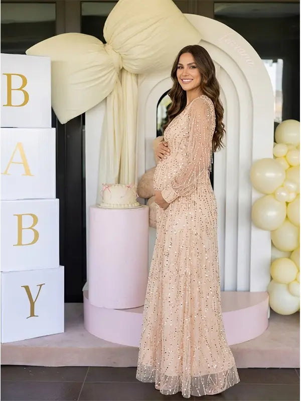 Apricot Gold Sequin Maternity Dress, Luxury Pregnancy Gown for Baby Shower, Maternity Photoshoot, Pregnancy Announcement, Gender Reveal, Motherhood Portrait, Formal Event, Holiday Party | Bumplook