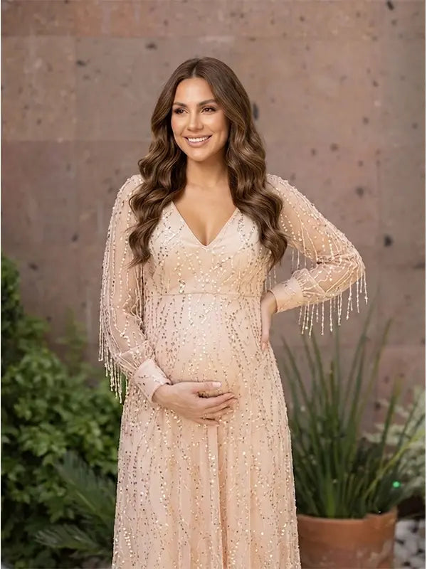 Apricot Gold Sequin Maternity Dress, Luxury Pregnancy Gown for Baby Shower, Maternity Photoshoot, Pregnancy Announcement, Gender Reveal, Motherhood Portrait, Formal Event, Holiday Party | Bumplook
