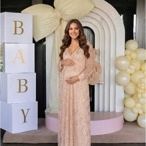 Apricot Gold Sequin Maternity Dress, Luxury Pregnancy Gown for Baby Shower, Maternity Photoshoot, Pregnancy Announcement, Gender Reveal, Motherhood Portrait, Formal Event, Holiday Party | Bumplook