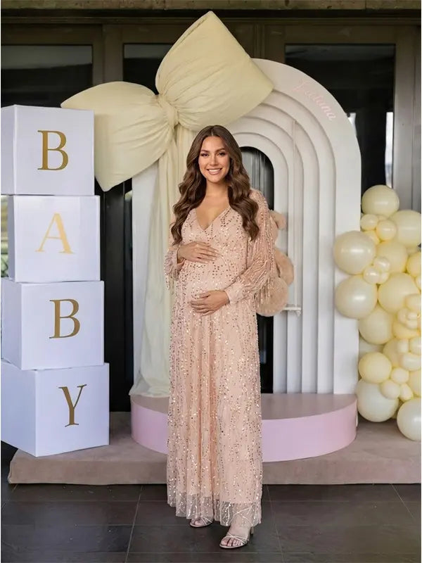 Apricot Gold Sequin Maternity Dress, Luxury Pregnancy Gown for Baby Shower, Maternity Photoshoot, Pregnancy Announcement, Gender Reveal, Motherhood Portrait, Formal Event, Holiday Party | Bumplook