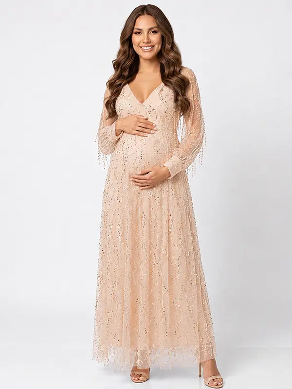 Apricot Gold Sequin Maternity Dress, Luxury Pregnancy Gown for Baby Shower, Maternity Photoshoot, Pregnancy Announcement, Gender Reveal, Motherhood Portrait, Formal Event, Holiday Party | Bumplook