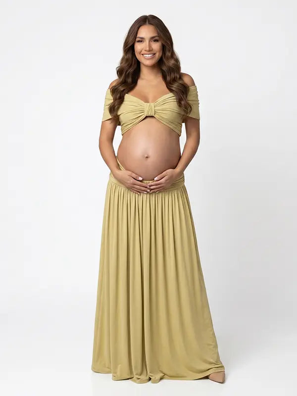 apricot yellow maternity two piece maxi skirt set with off shoulder pregnancy silhouette