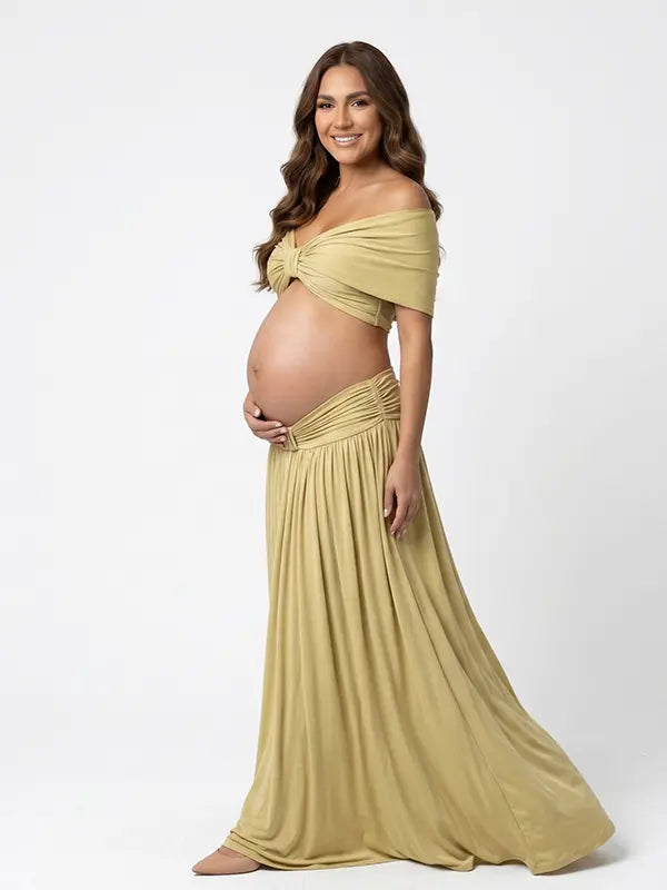 apricot yellow maternity two piece maxi skirt set with off shoulder pregnancy silhouette