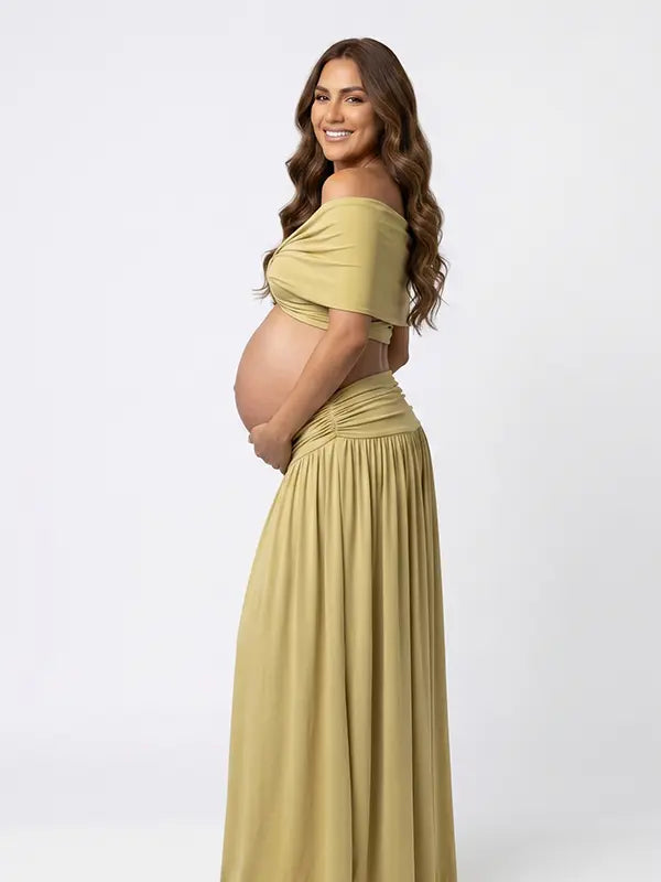 apricot yellow maternity two piece maxi skirt set with off shoulder pregnancy silhouette