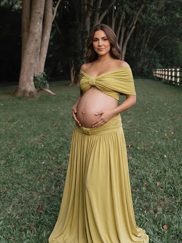 apricot yellow maternity two piece maxi skirt set with off shoulder pregnancy silhouette