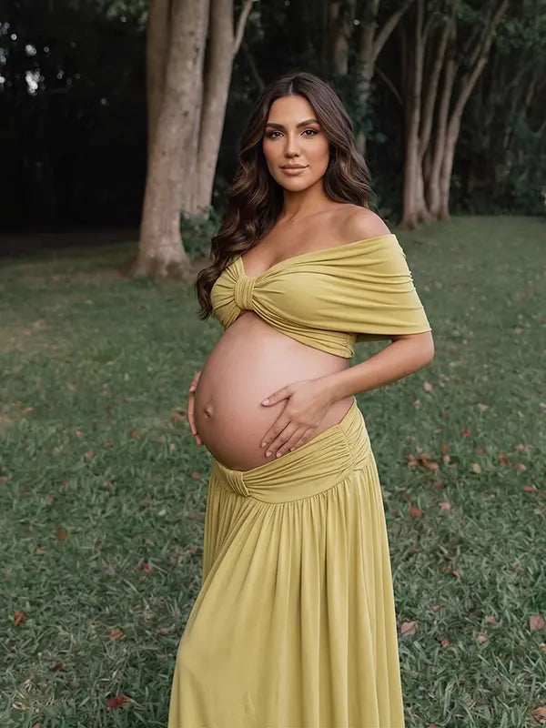 apricot yellow maternity two piece maxi skirt set with off shoulder pregnancy silhouette