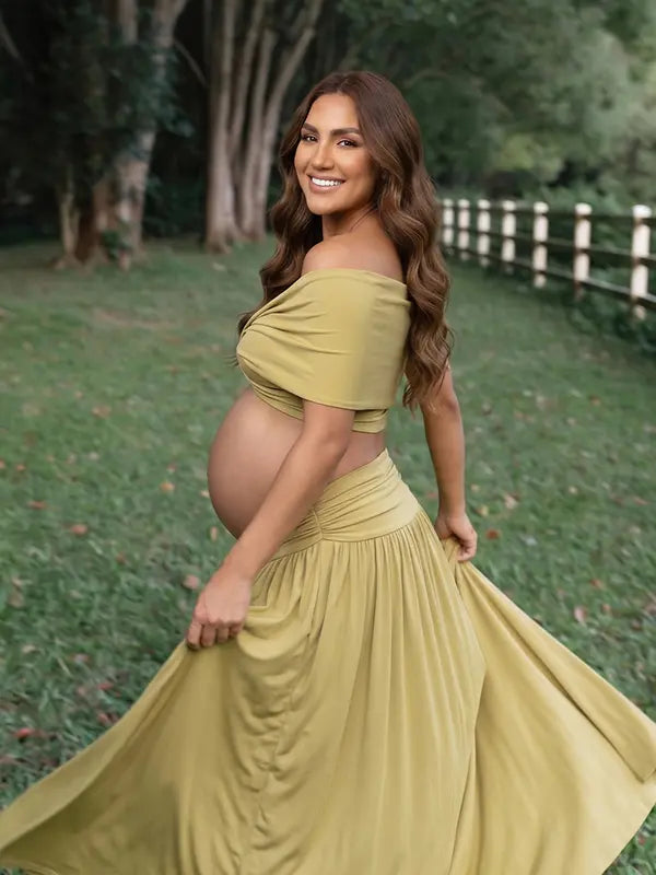 apricot yellow maternity two piece maxi skirt set with off shoulder pregnancy silhouette