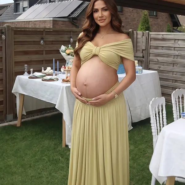 apricot yellow maternity two piece maxi skirt set with off shoulder pregnancy silhouette