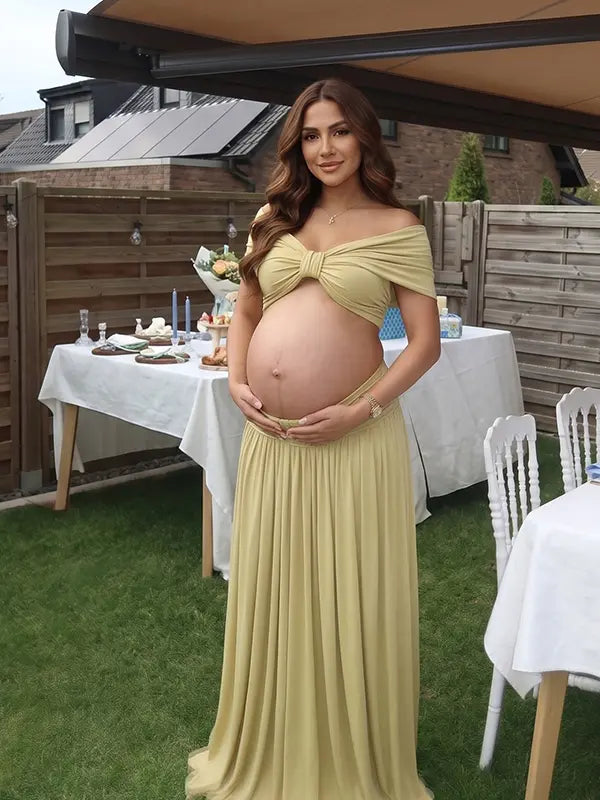 apricot yellow maternity two piece maxi skirt set with off shoulder pregnancy silhouette