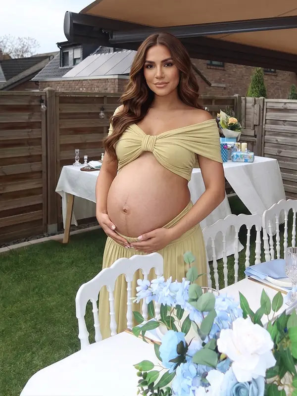 apricot yellow maternity two piece maxi skirt set with off shoulder pregnancy silhouette