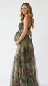 army green floral mesh maternity maxi dress with adjustable lace up back