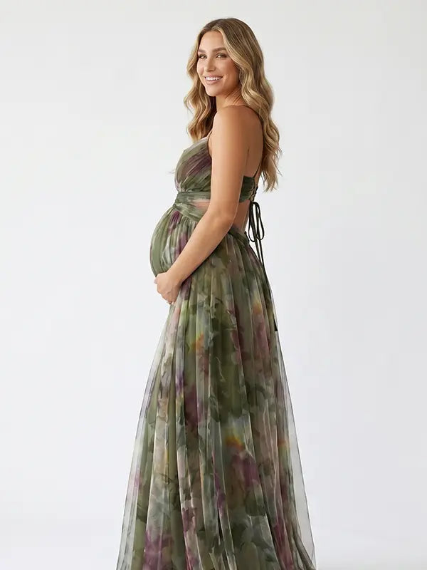 army green floral mesh maternity maxi dress with adjustable lace up back