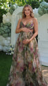 army green floral mesh maternity maxi dress with adjustable lace up back