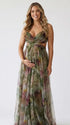 army green floral mesh maternity maxi dress with adjustable lace up back