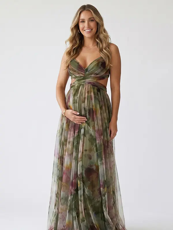 army green floral mesh maternity maxi dress with adjustable lace up back