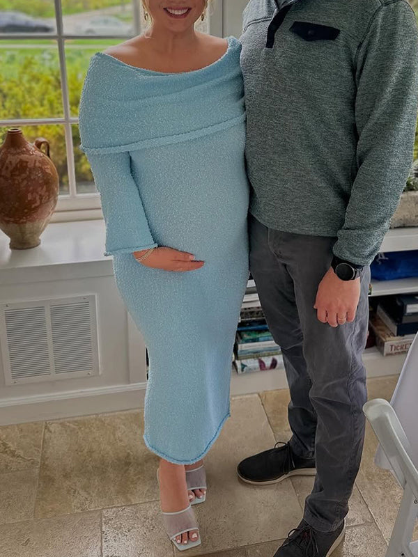 Chic- Knitting Off Shoulder Bodycon Sheer Flare Long Sleeve Maternity Maxi Dress