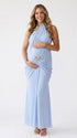 Baby Blue Butterfly Halter Maternity Maxi Dress with Ruched Draping | Bumplook