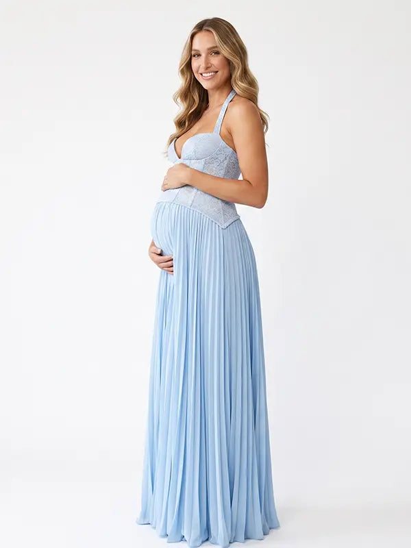 Light Blue Maternity Gown, Lace Up Corset Pregnancy Dress for Baby Shower, Maternity Photoshoot, Gender Reveal, Pregnancy Announcement, Wedding Guest, Bridal Shower, Formal Events | Bumplook