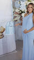 Baby Blue Open Back Halter Maternity Dress with Draped Detail | Bumplook