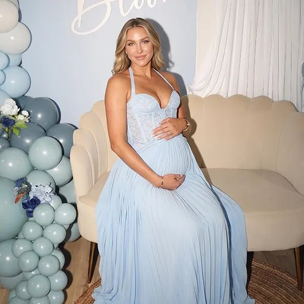 Light Blue Maternity Gown, Lace Up Corset Pregnancy Dress for Baby Shower, Maternity Photoshoot, Gender Reveal, Pregnancy Announcement, Wedding Guest, Bridal Shower, Formal Events | Bumplook