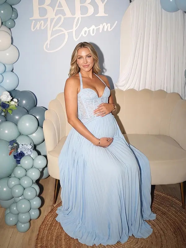 Light Blue Maternity Gown, Lace Up Corset Pregnancy Dress for Baby Shower, Maternity Photoshoot, Gender Reveal, Pregnancy Announcement, Wedding Guest, Bridal Shower, Formal Events | Bumplook