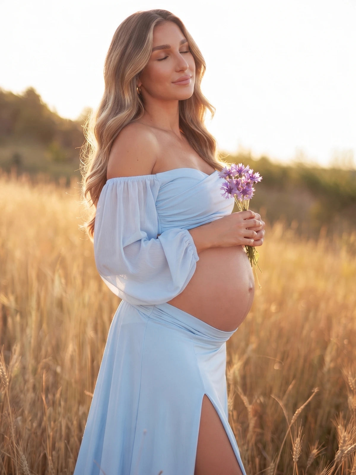Blue Two Piece Maternity Photoshoot Outfit, Crop Top and Maxi Skirt for Pregnancy Announcement, Baby Bump Portraits | Bumplook
