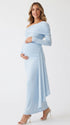 Baby Blue Boy Baby Shower Maternity Dress with Draped Off Shoulder Neckline | Bumplook