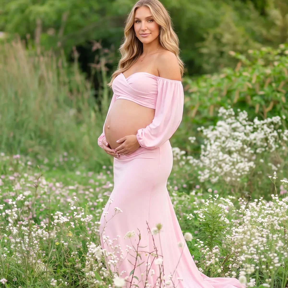 Pink Maternity Photoshoot Dress, Two Piece Crop Top and Skirt Set for Baby Girl Shower, Pregnancy Photoshoot, Gender Reveal | Bumplook