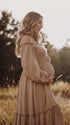 Beige Long Sleeve Maternity Dress, Flowy Maxi Dress for Baby Shower, Maternity Photoshoot, Pregnancy Announcement, Gender Reveal, Wedding Guest | Bumplook