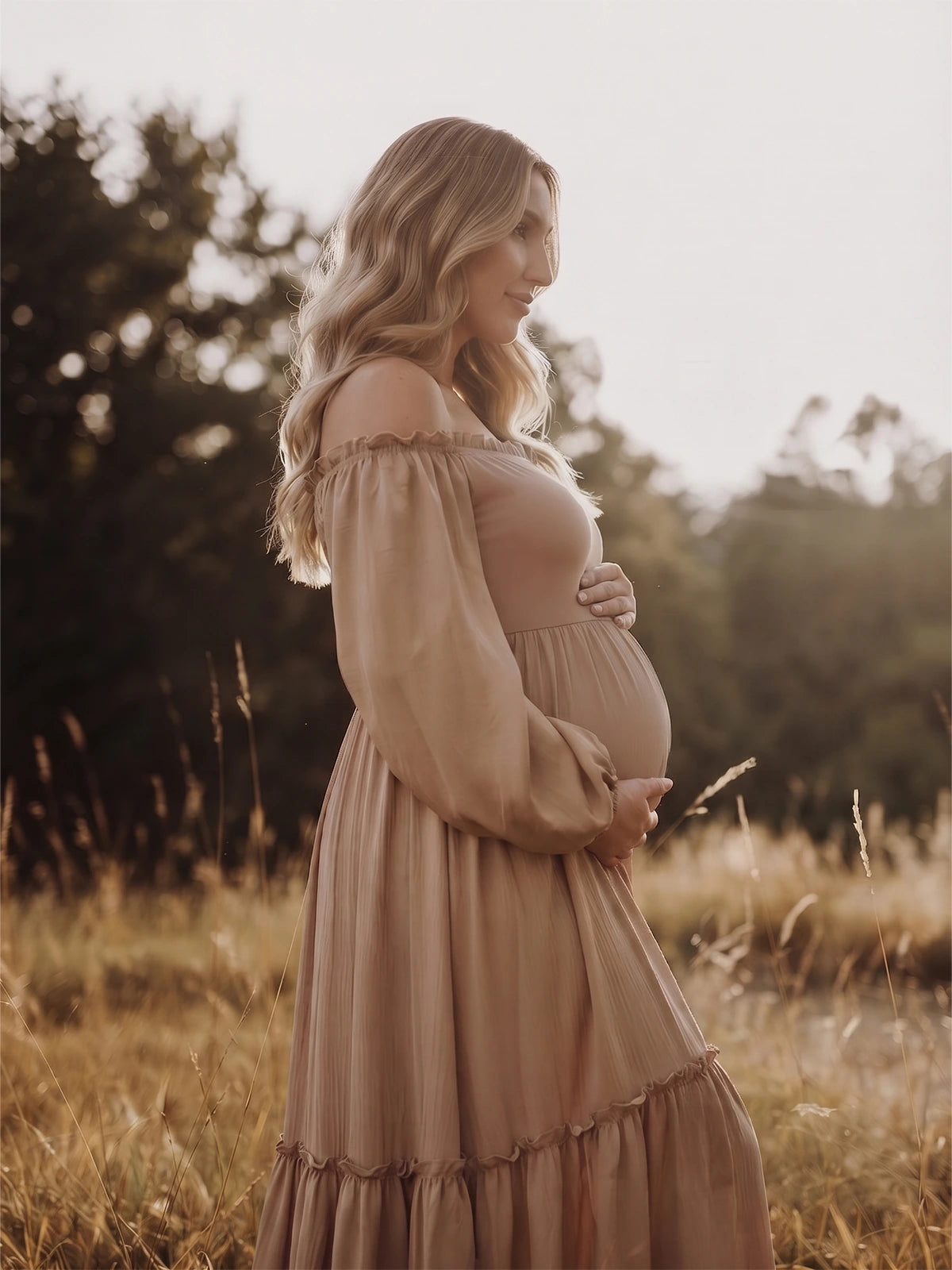 Beige Long Sleeve Maternity Dress, Flowy Maxi Dress for Baby Shower, Maternity Photoshoot, Pregnancy Announcement, Gender Reveal, Wedding Guest | Bumplook