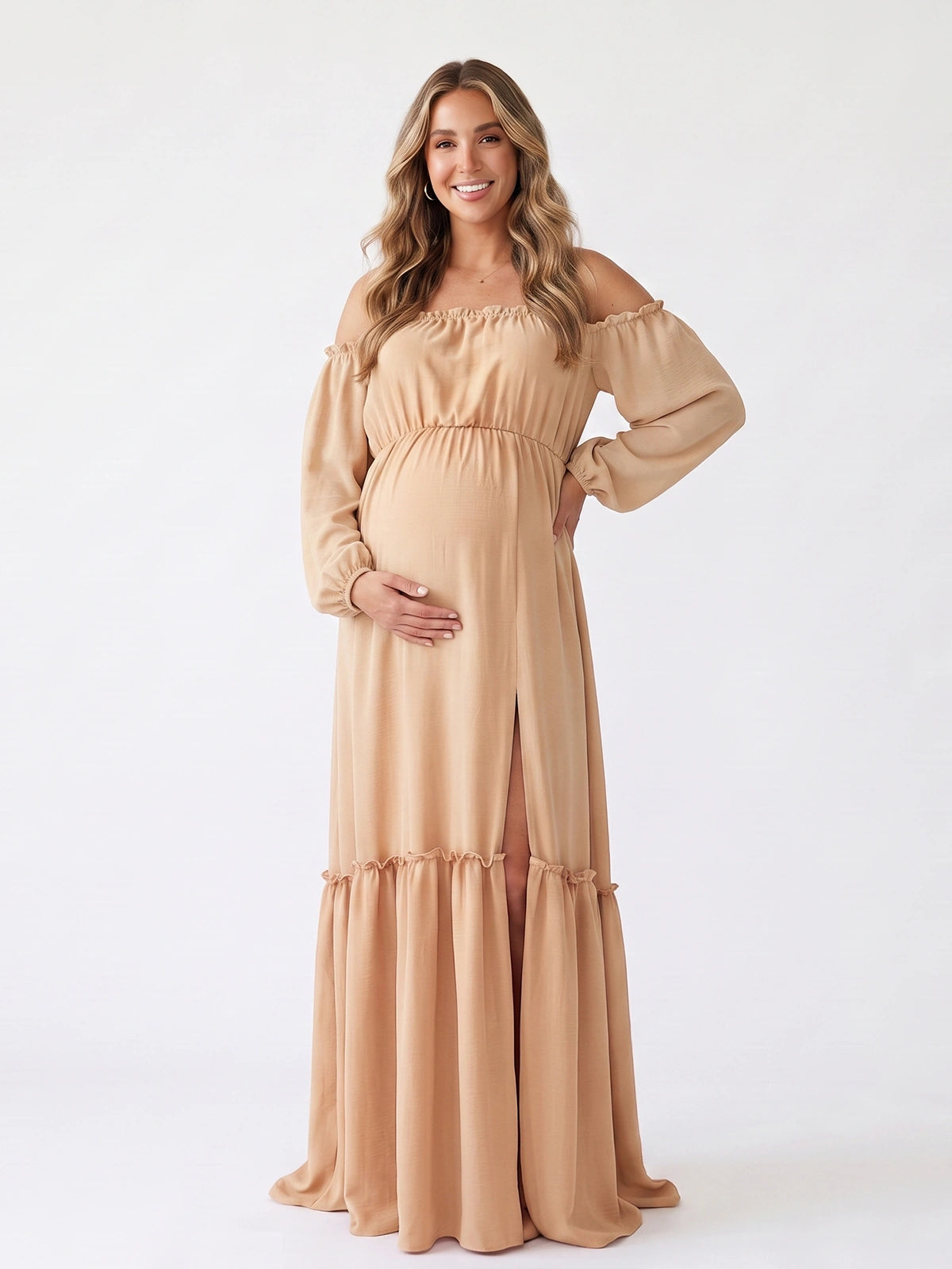 Beige Outdoor Maternity Photoshoot Dress, Boho Maxi Dress for Baby Shower, Pregnancy Announcement, Gender Reveal, Bridal Shower, Family Photos | Bumplook