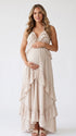 Beige Ruffle Maternity Dress with Flowing Maxi Skirt | Bumplook