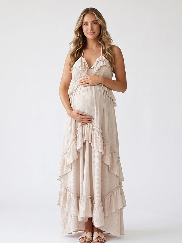 Beige Ruffle Maternity Dress with Flowing Maxi Skirt | Bumplook