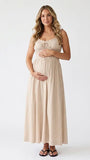 Beige Cotton Blend Maternity Dress, Neutral Smocked Pregnancy Maxi Dress for Baby Shower, Summer Maternity Photoshoot | Bumplook