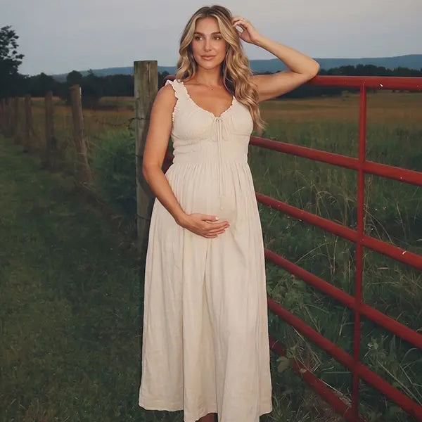 Beige Maternity Dress, Neutral Cotton Blend Maxi Dress for Outdoor Maternity Photoshoot, Summer Pregnancy Photos | Bumplook