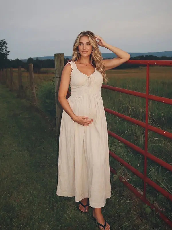 Beige Maternity Dress, Neutral Cotton Blend Maxi Dress for Outdoor Maternity Photoshoot, Summer Pregnancy Photos | Bumplook