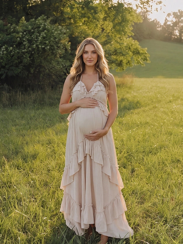 Neutral Maternity Maxi Dress for Outdoor Pregnancy Photos | Bumplook