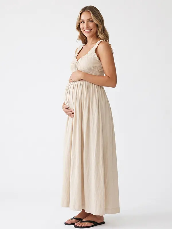 Beige Cotton Blend Maternity Dress, Neutral Smocked Pregnancy Maxi Dress for Baby Shower, Summer Maternity Photoshoot | Bumplook