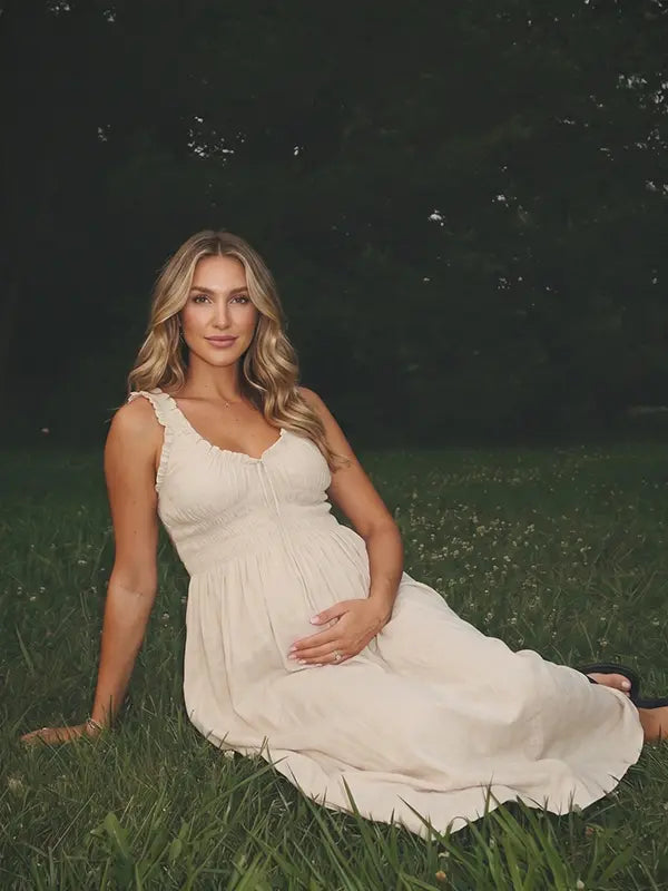Neutral Beige Maternity Maxi Dress, Smocked Cotton Blend Pregnancy Dress for Baby Shower, Maternity Photoshoot | Bumplook