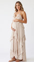 Beige Maternity Maxi Dress with Cascading Ruffles | Bumplook